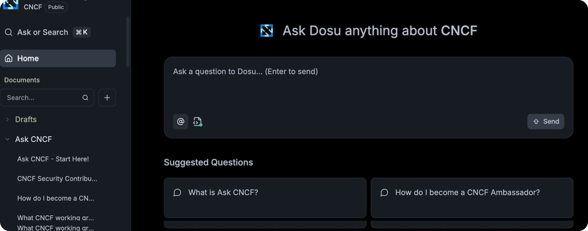 The ask.cncf.io Public Space landing page, showing the CNCF logo.