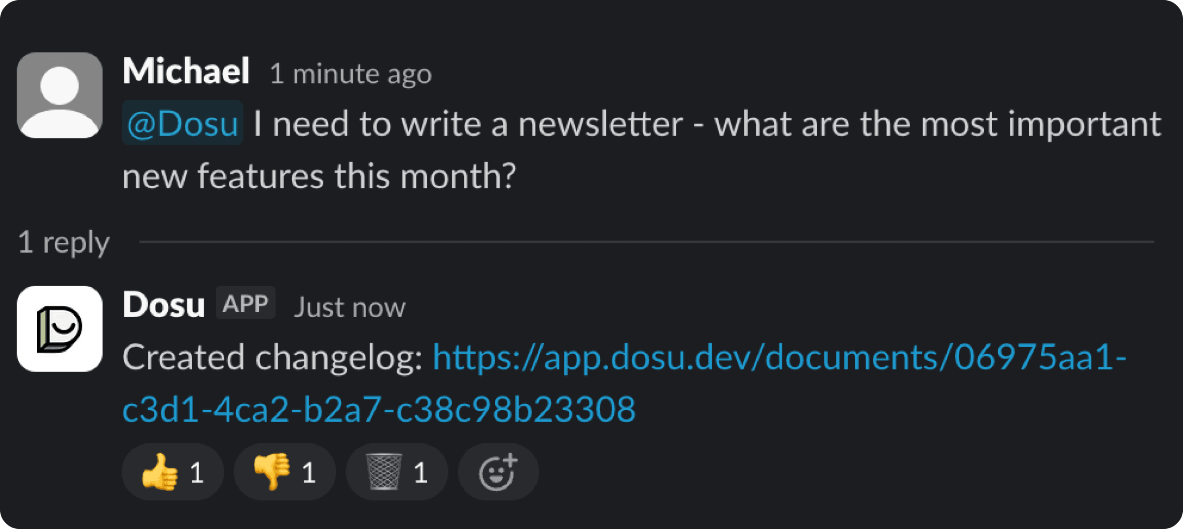 A Slack conversation where Dosu creates a changelog on demand
