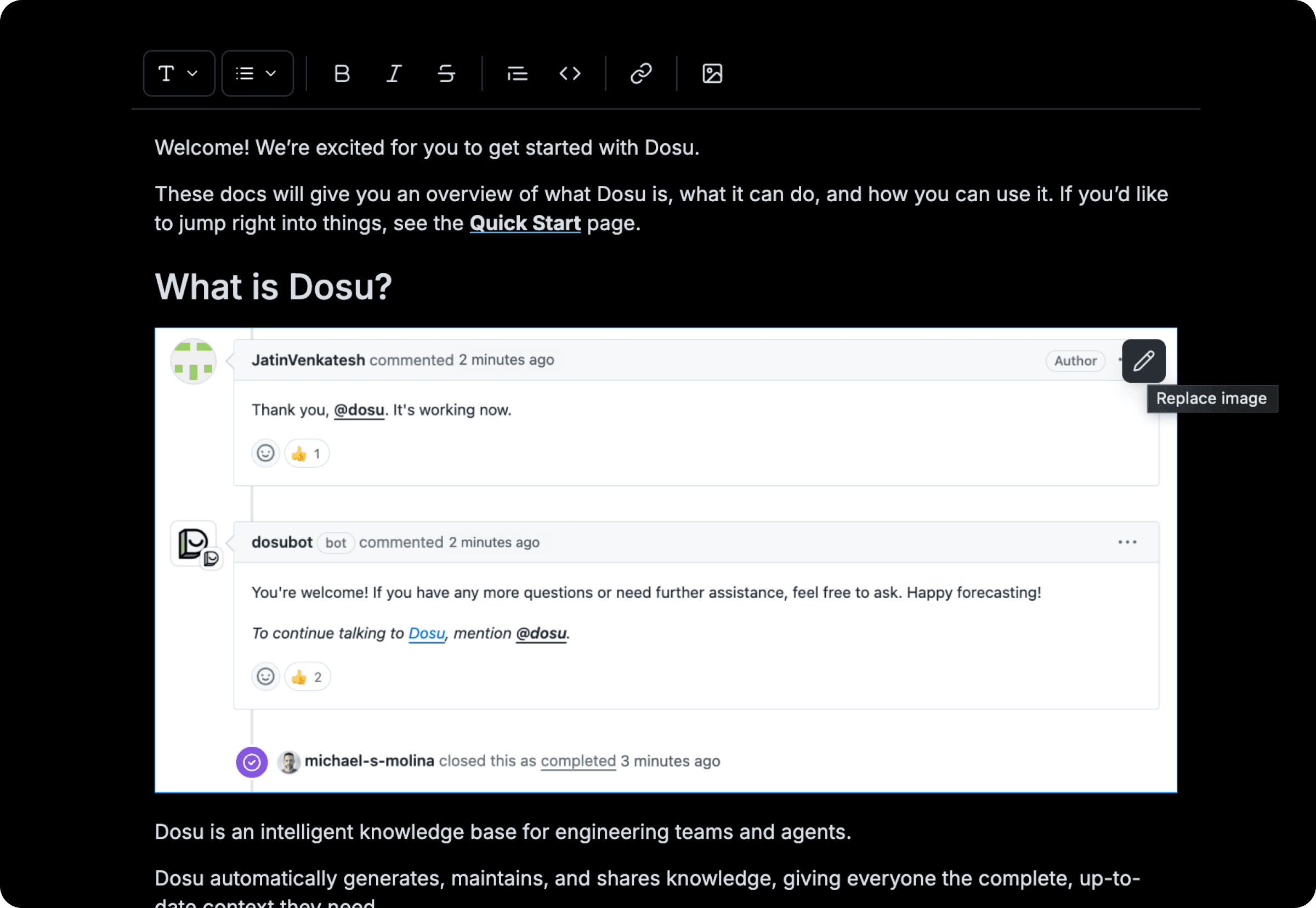 The Documentation editor showing the new image upload support