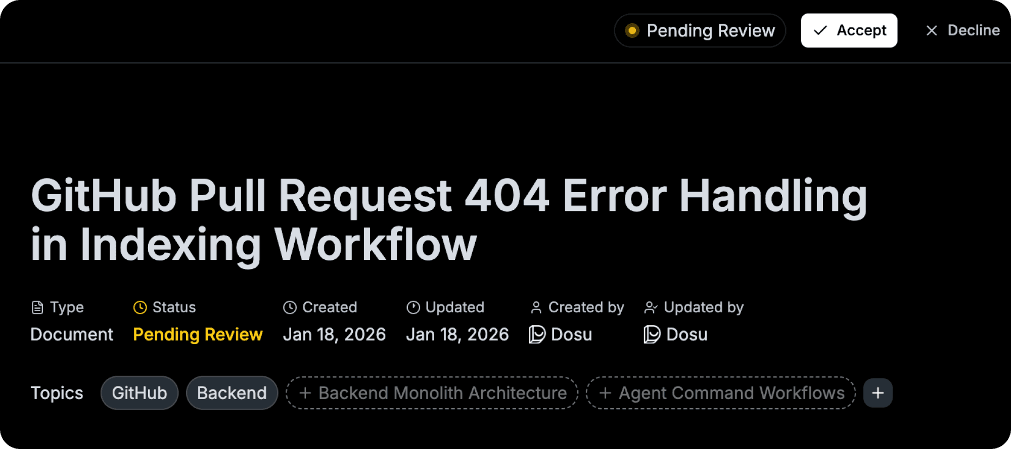 The Dosu Review page showing the option to Accept or Decline a pending update