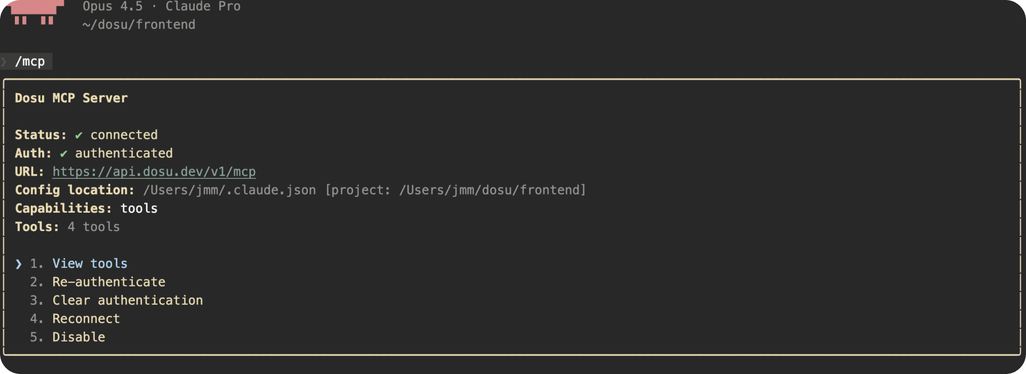 A screenshot of Claude Code showing the Dosu MCP Server connected