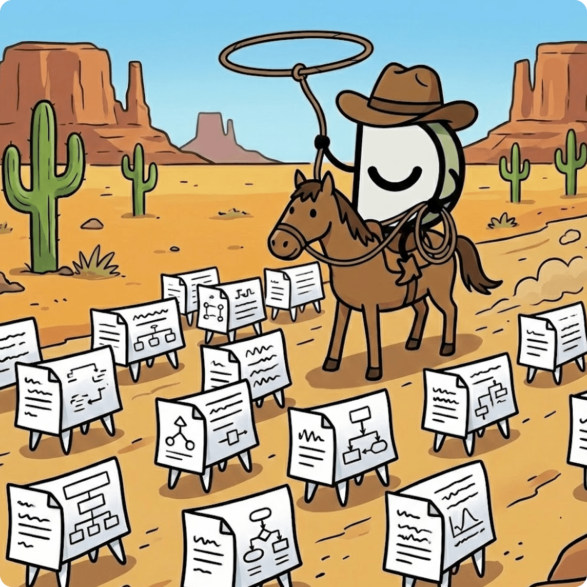 Dosu riding a horse rounding up a herd of documents