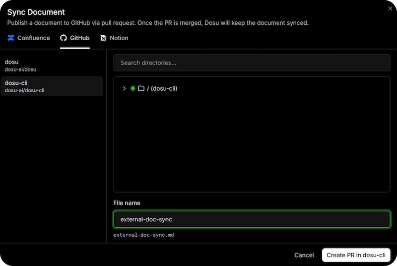 The new external sync UI showing a doc being sent to GitHub