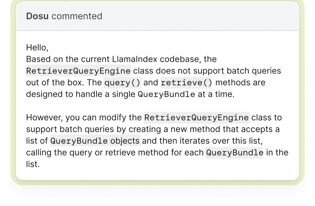 Dosu answering a GitHub issue with a solution