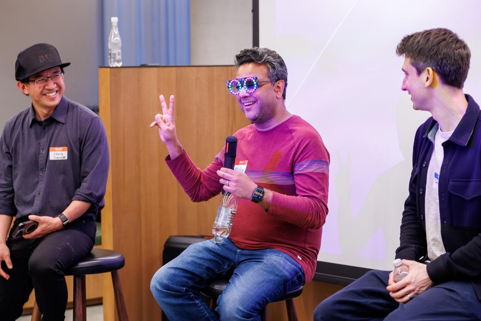 A lighter moment: Harjot Gill tries on Chang's programmable LED glasses
