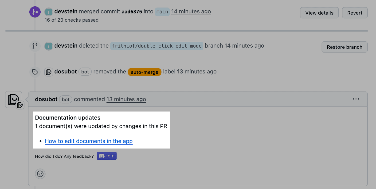 Dosu's automatic edits helping us keep our own docs up-to-date