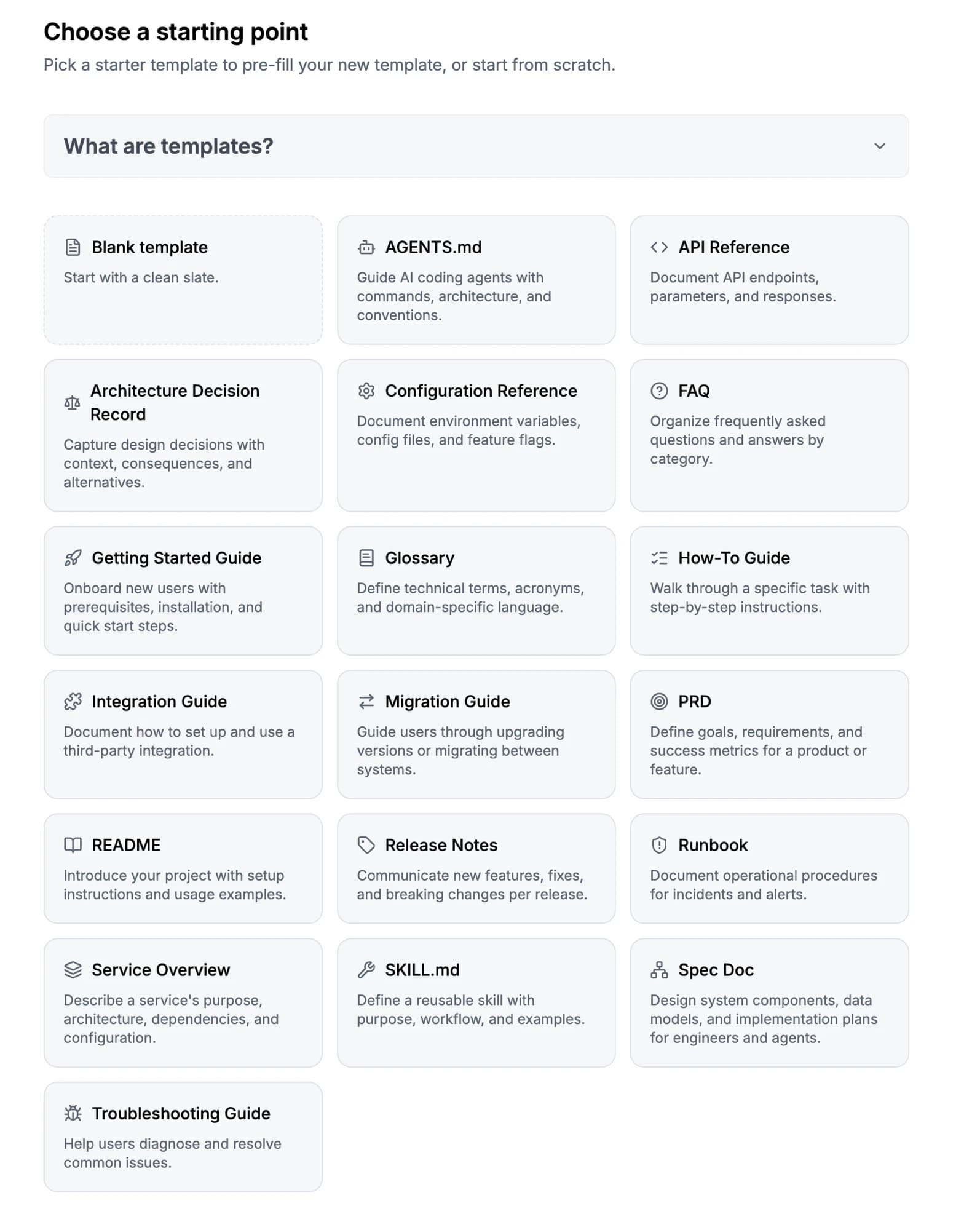 Dosu's 'Choose a starting point' template gallery with ready-made starter templates such as AGENTS.md, API Reference, Architecture Decision Record, Runbook, Release Notes, SKILL.md, and Troubleshooting Guide.