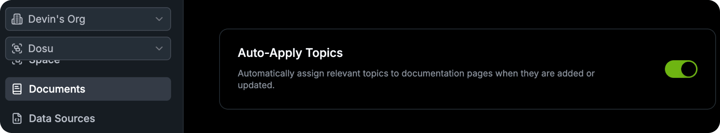The new Documents Settings menu, with a toggle for Auto-Apply Topics