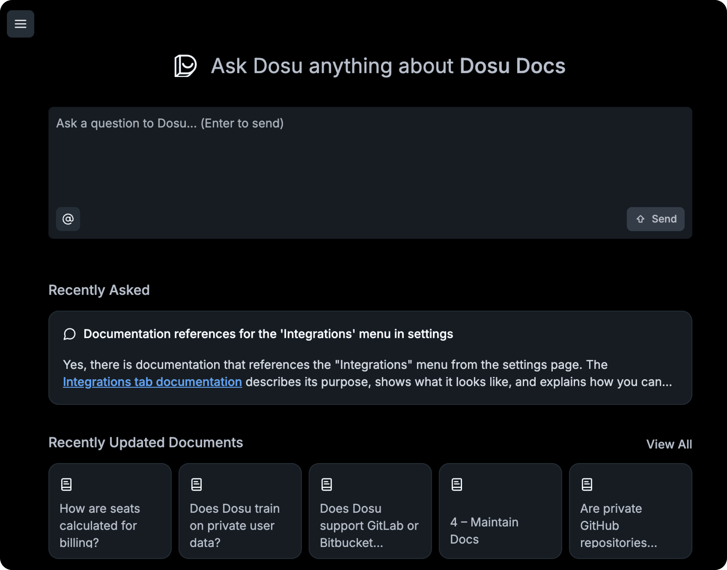 The new home page with Ask Dosu, Recently Asked, and Recently Updated Documents