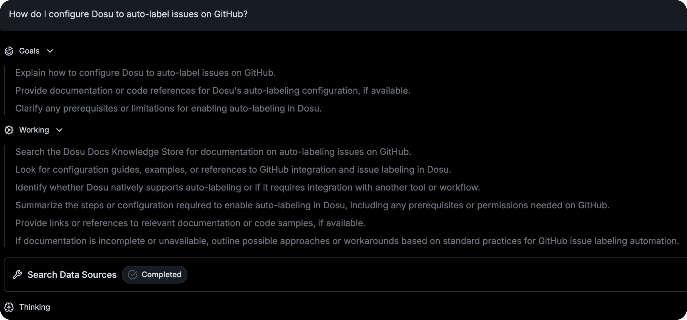Dosu showing its goals, plan, and current research step while generating an answer