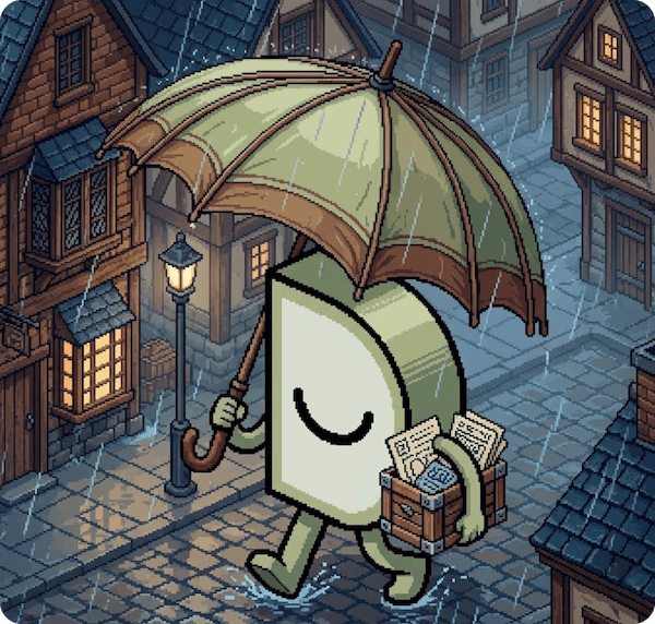 Dosu walking through the rain with an umbrella and a fresh crate of docs