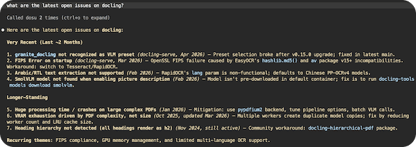 The Dosu MCP server in action, showing recent issues from the Docling repo
