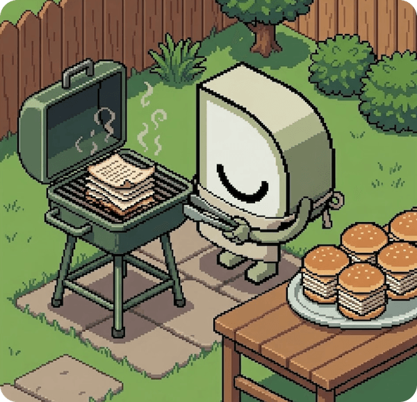 Dosu wearing an apron and grilling up a big batch of docs