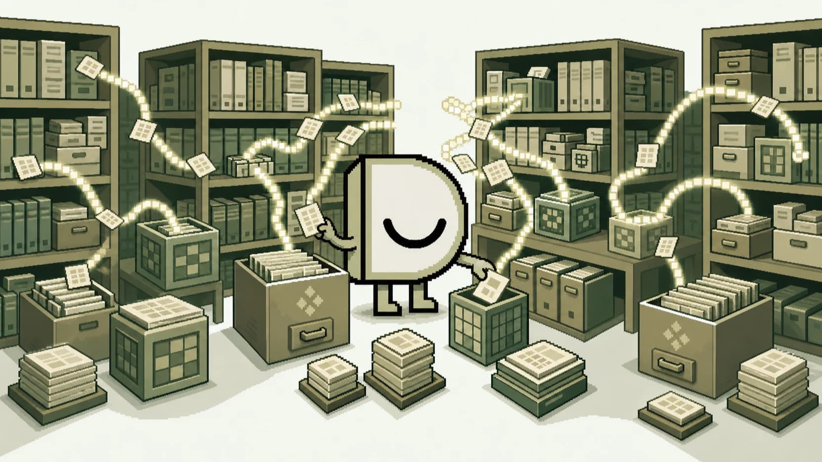 Dosu in an archive room, pulling glowing index cards out of old filing boxes.