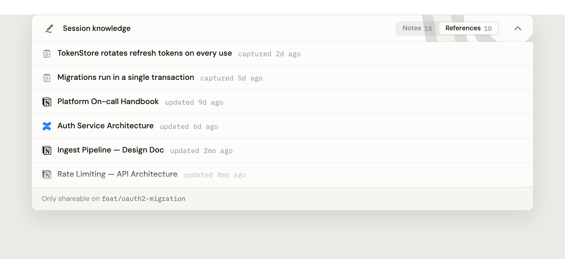 The Session knowledge card on its References tab, listing the notes and documents Dosu drew on, scoped to the feat/oauth2-migration branch.