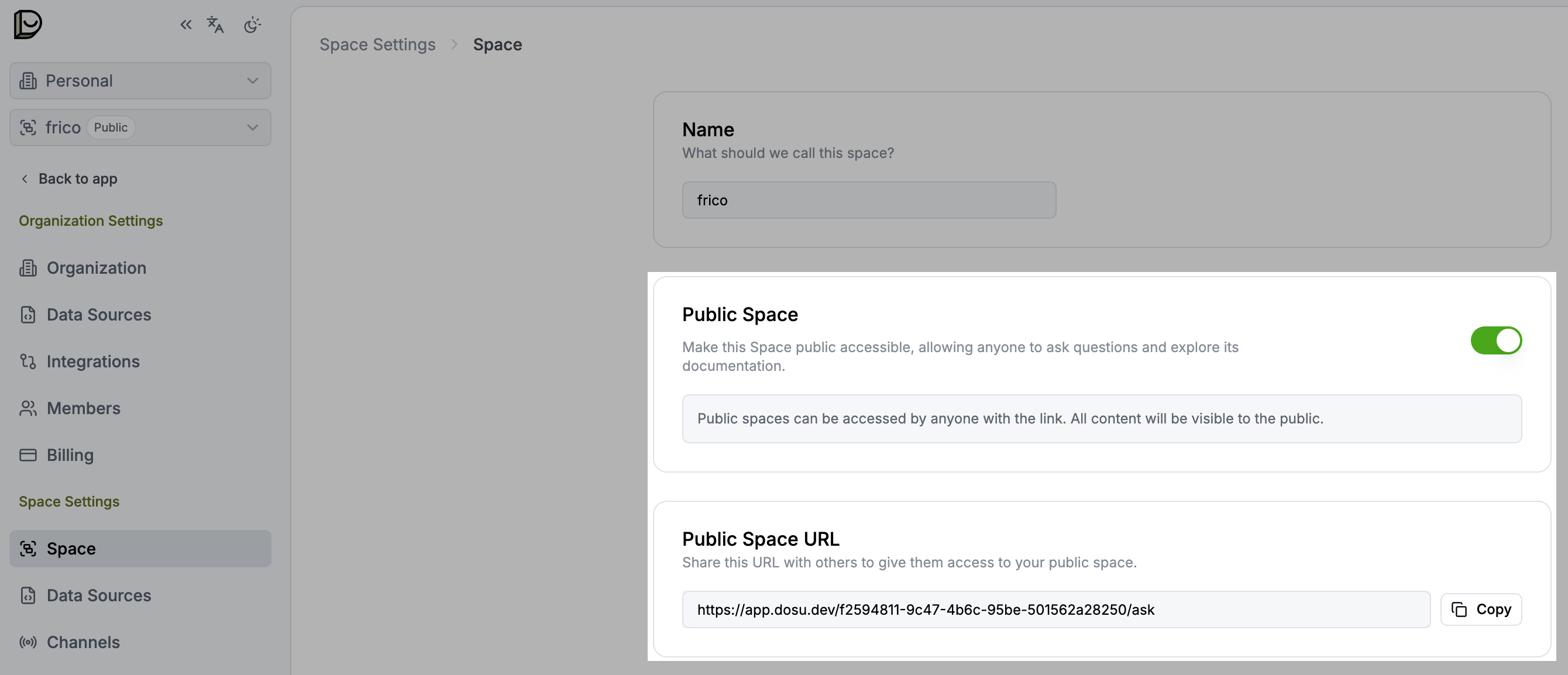 Use the Space Settings page to find a shareable link to your Public Space