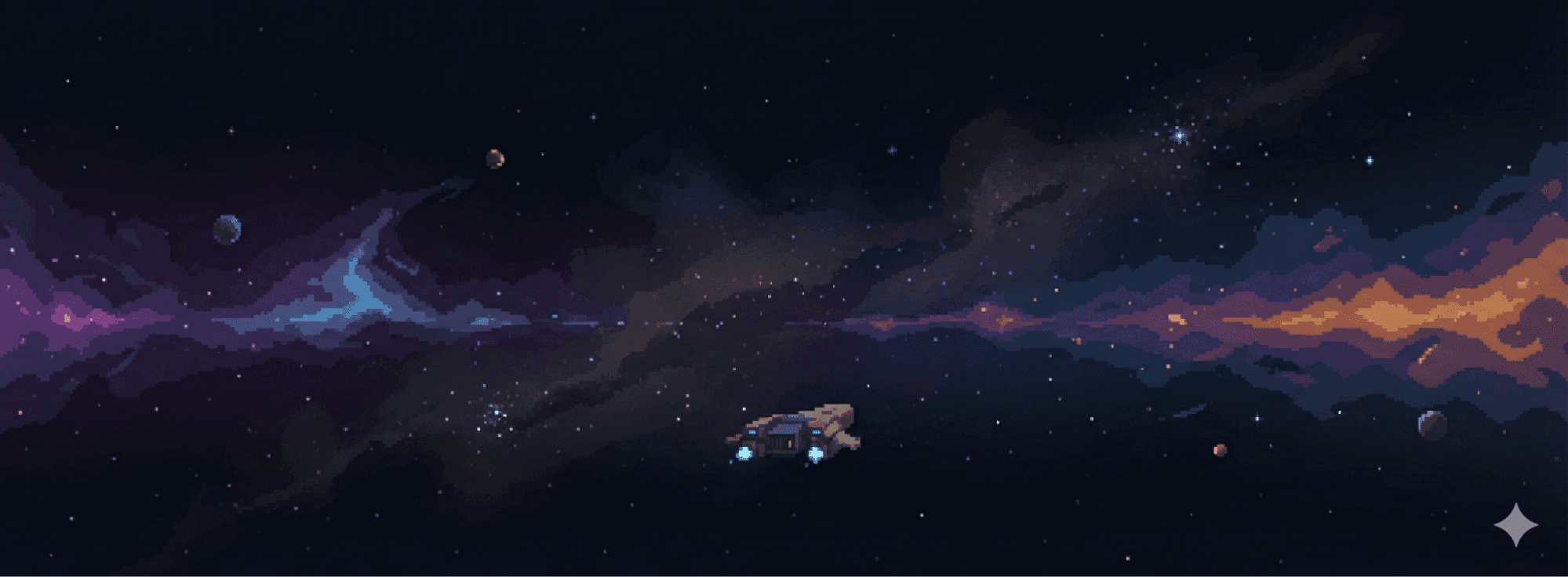 Pixel art space landscape with vehicle on barren planet surface with colorful nebula sky
