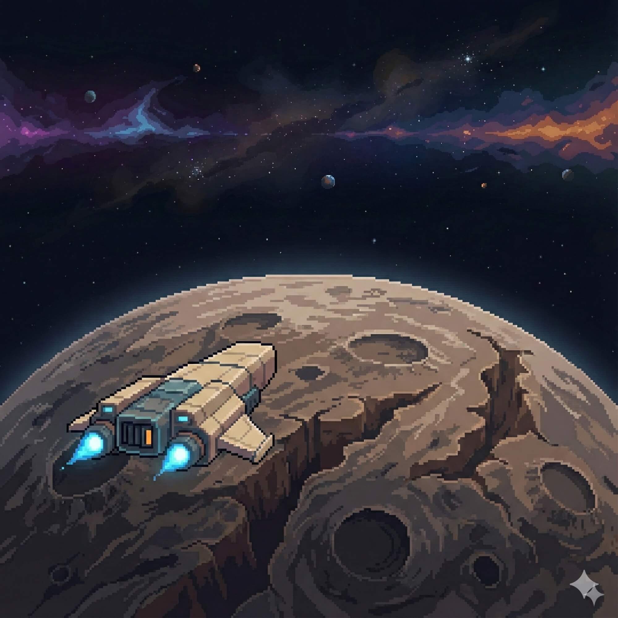 Pixel art spaceship traveling through deep space nebula